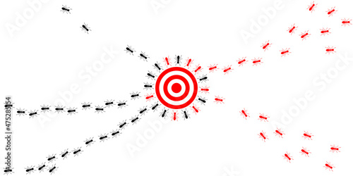 Ant bait. Ant trail. Trap. A line of marching ants with infected insects. Insecticide. Illustration on white background 