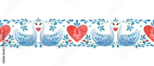Photo Seamless borders with swans, heart and folklore elements