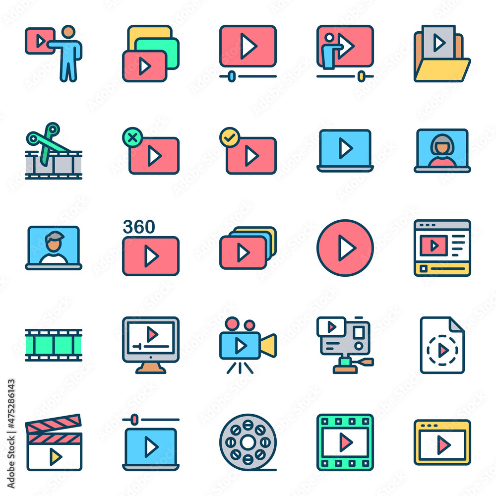 Filled outline icons for video content. Filled outline icons for video content.