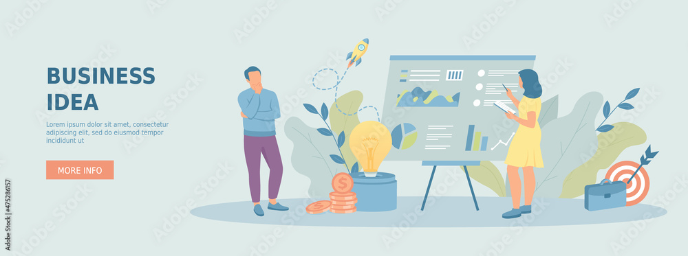 Business idea. Colleagues thinking about company project, success startup. Brainstorming, finding problems and solutions.Promotional web banner. Cartoon flat vector illustration with people characters Business idea. Colleagues thinking about company project, success startup. Brainstorming, finding problems and solutions.Promotional web banner. Cartoon flat vector illustration with people characters