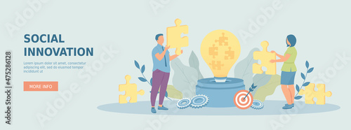 Social innovation. Woman and man discuss problems and solutions  connecting puzzles. Generation an idea in a form of light bulb. Promotional web banner. Cartoon vector illustration with people
