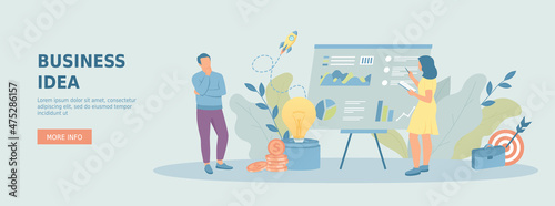 Business idea. Colleagues thinking about company project  success startup. Brainstorming  finding problems and solutions.Promotional web banner. Cartoon flat vector illustration with people characters
