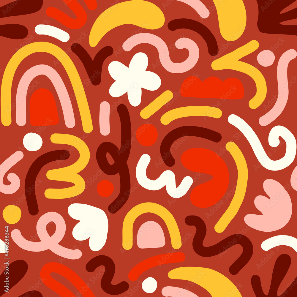 Naklejka premium Contemporary art collage with multicolor abstract shapes. Vector seamless pattern with Scandinavian cut out elements.