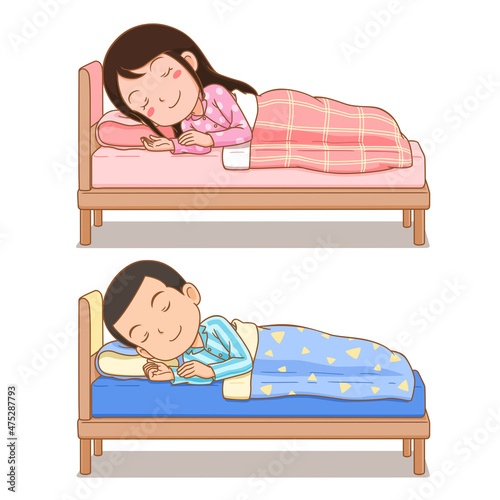 Cartoon character of boy and girl sleeping in bed.