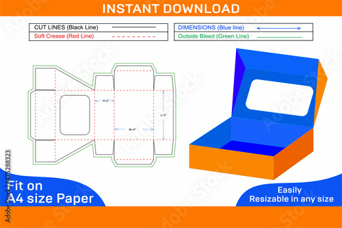 Straight tuck end box with window dieline template and 3D box easily editable and resizable 