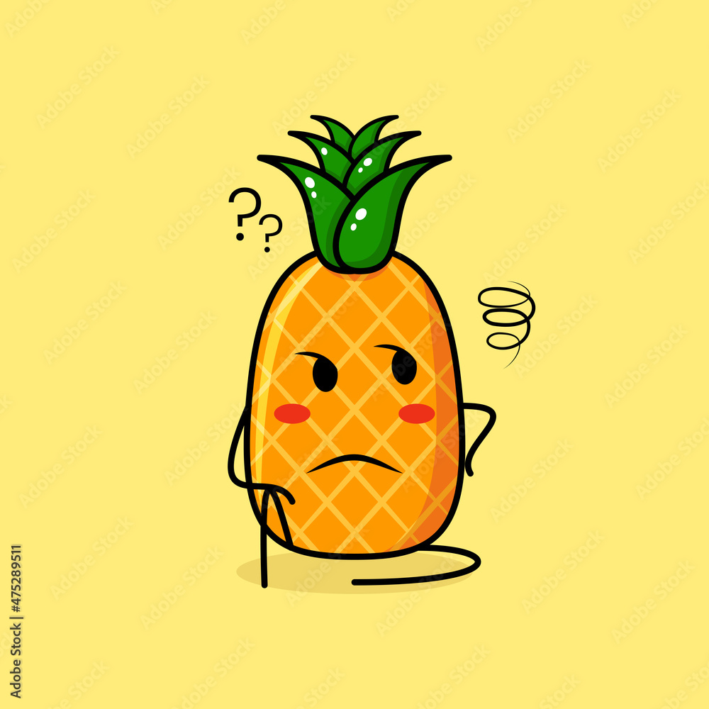 cute pineapple character with thinking expression and sit down. green ...