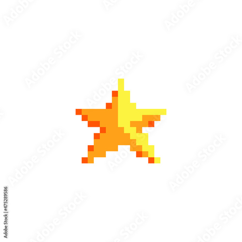 Gold star icon. Pixel art style. 8-bit. Element design for mobile app, sticker, web, logo. Game assets. Isolated abstract vector illustration.