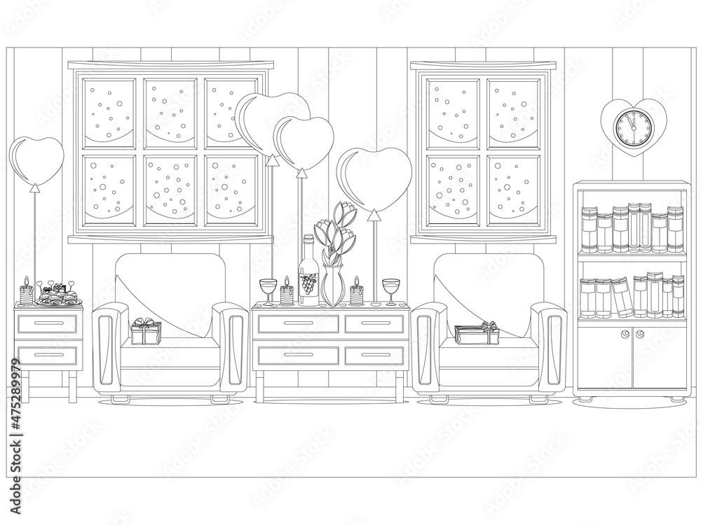 Vector illustration of the interior of the room prepared for the celebration of Valentine's day. Coloring book.