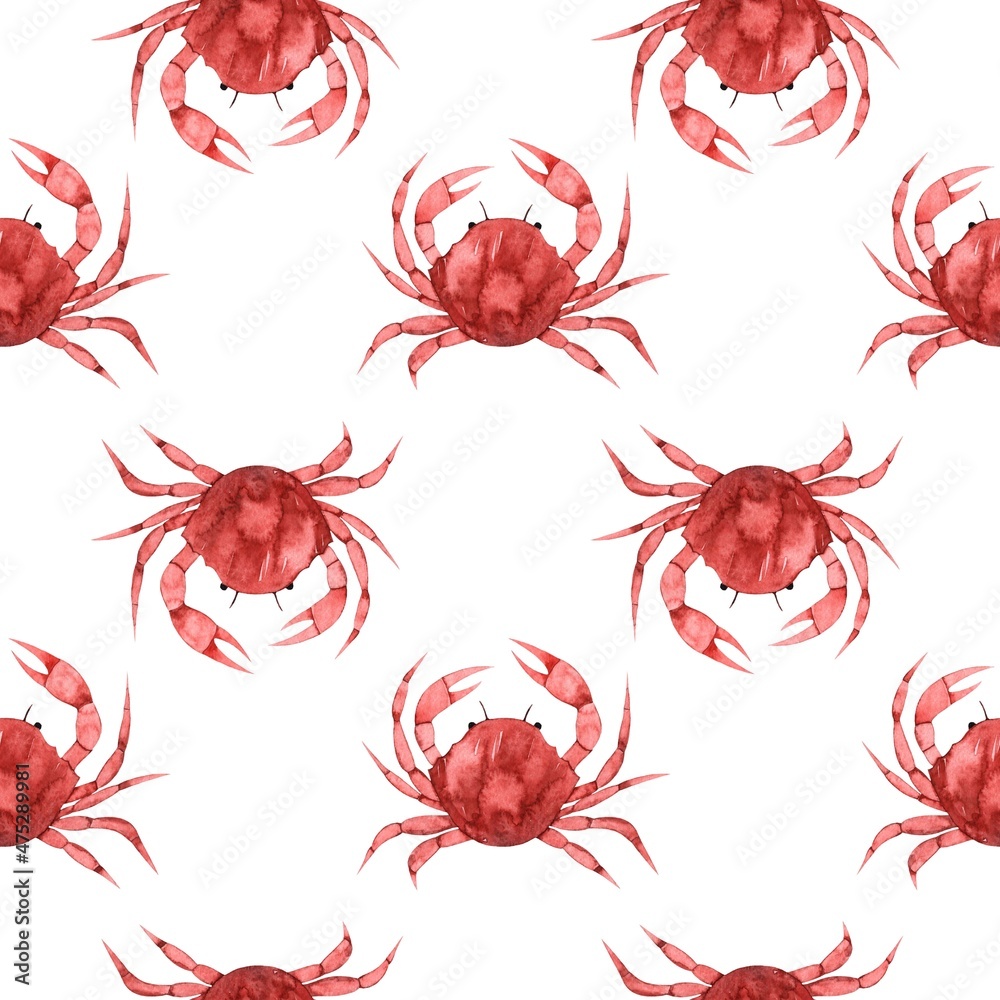 Watercolor seamless pattern with red crabs. Seafood. Marine animal. Ocean. Aquatic inhabitants.