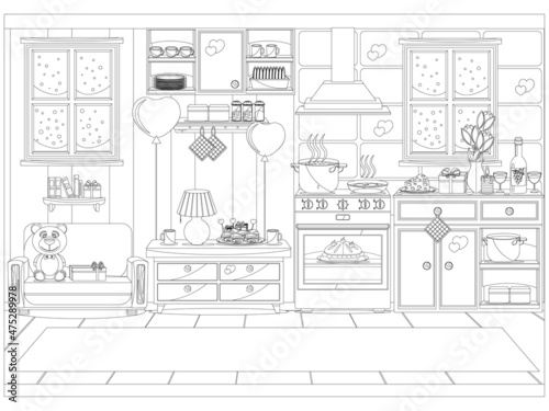 Kitchen prepared for the celebration of Valentine's day. Vector illustration coloring book.