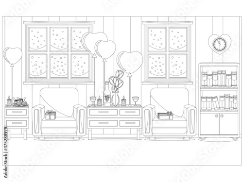 Vector illustration of the interior of the room prepared for the celebration of Valentine s day. Coloring book.