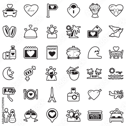 Honeymoon Icons. Line With Fill Design. Vector Illustration.