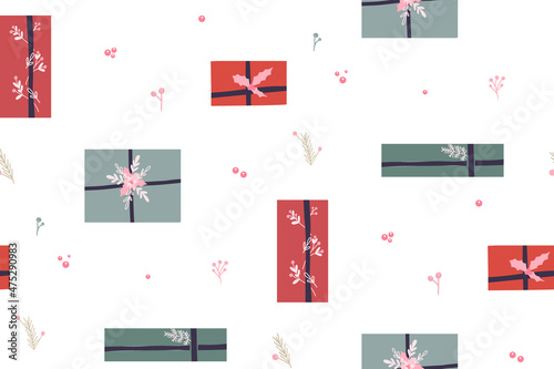 Vector seamless naive holiday pattern with hygge gift boxes and branches decorations on white background. Texture with sparse parcels top view in pastel colors with foliage and berries