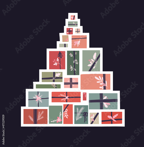 Vector holiday illustration of stack hygge parcels with ribbons and branches on dark violet background. Concept sticker composition of pole gift boxes in pastel colors with foliage and berries.