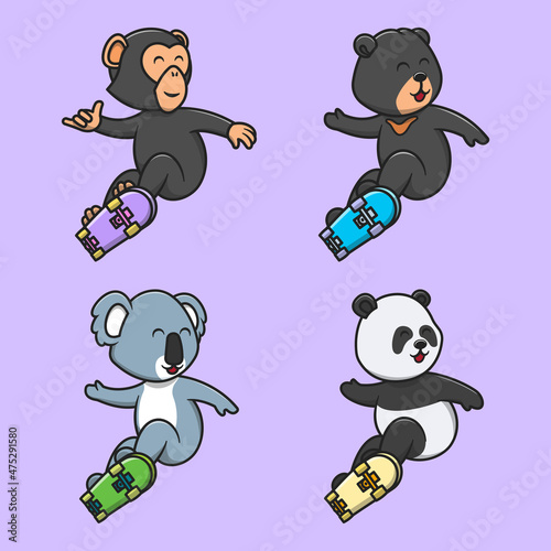 Set of cute animal cartoon flat illustrations playing skateboard