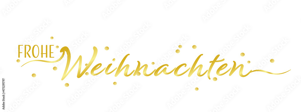 Frohe Weihnachten in gold auf weißem Hintergrund mit goldenen Punkten.