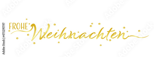 Frohe Weihnachten in gold auf weißem Hintergrund mit goldenen Punkten.