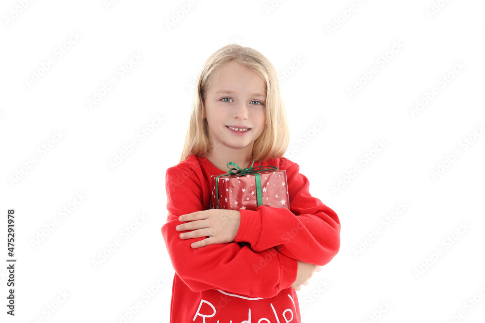Little girl with Christmas box, isolated on white background Little girl with Christmas box, isolated on white background