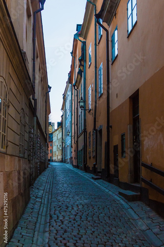 Perspective view of historical buildings on the Prastgatan Street in clear day  Stockholm  Sweden 