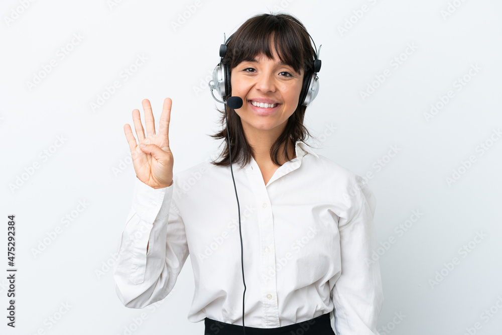 Telemarketer mixed race woman working with a headset isolated on white background happy and counting four with fingers Telemarketer mixed race woman working with a headset isolated on white background happy and counting four with fingers