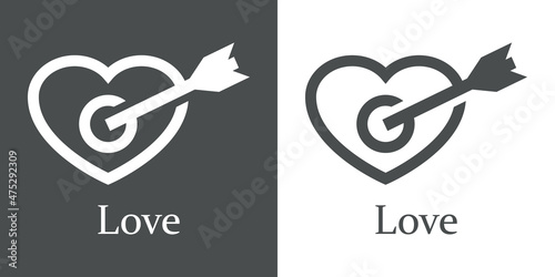 Logotipo con texto Love con corazón con forma de diana con flecha de cupido con líneas en fondo gris y fondo blanco