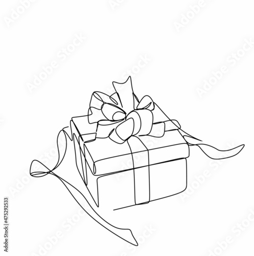 continuous drawing of a gift cardboard box with a bow in women's hands, the concept of a holiday,