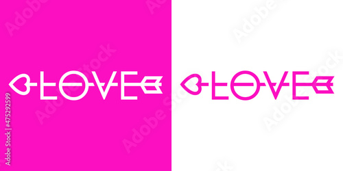Banner con texto Love con flecha de cupido con líneas para su uso en invitaciones y tarjetas de felicitación en fondo rosa y blanco