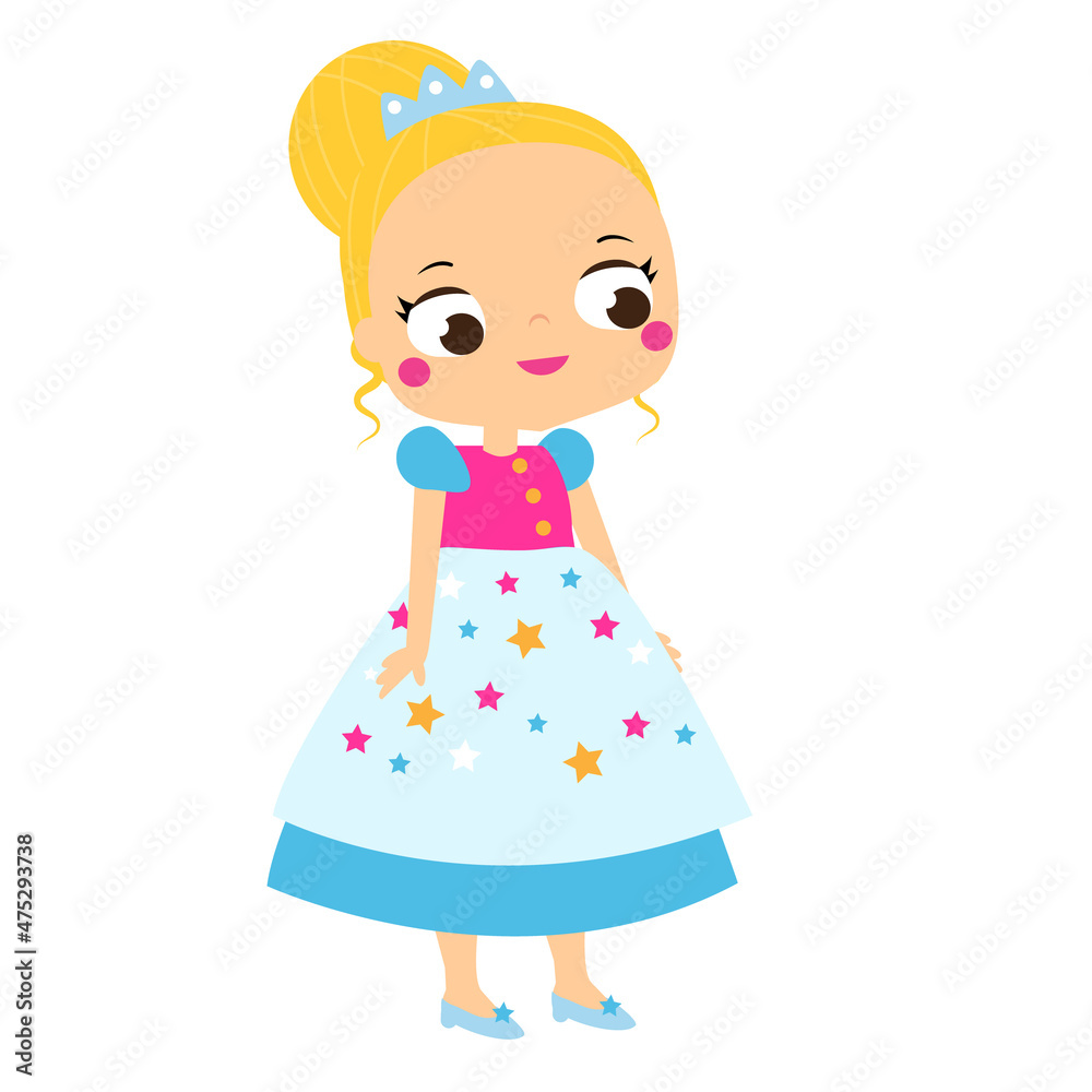 Cute princess. Cartoon girl in beautiful party evening costume dress, crown. Cute princess. Cartoon girl in beautiful party evening costume dress, crown.