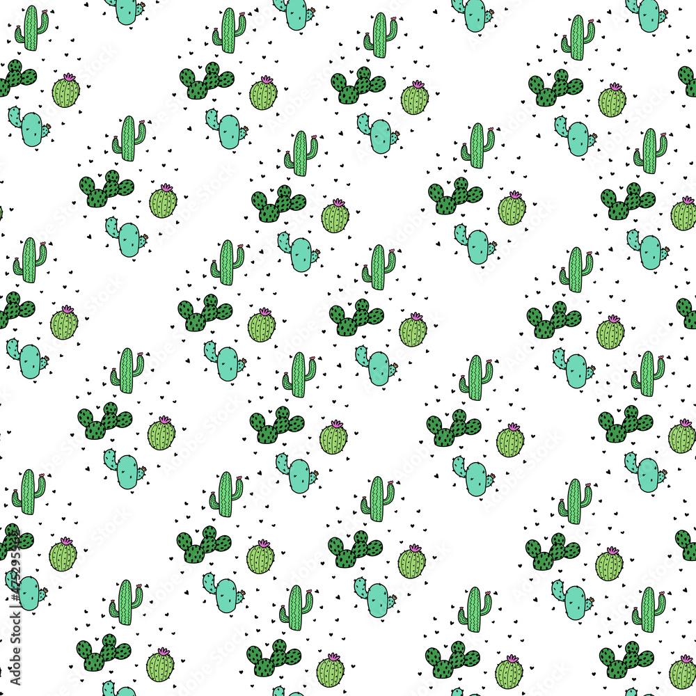 Beautiful white pattern with doodle plants hearts and hand drawn cactus. Cute texture for children. Beautiful white pattern with doodle plants hearts and hand drawn cactus. Cute texture for children.