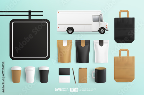 Realistic coffee or food package mock-up for your brand presentation design - vector template. Coffee zip package mockup, shopping bag, cup, stand-up pouch. Paper food packaging. White Food Truck