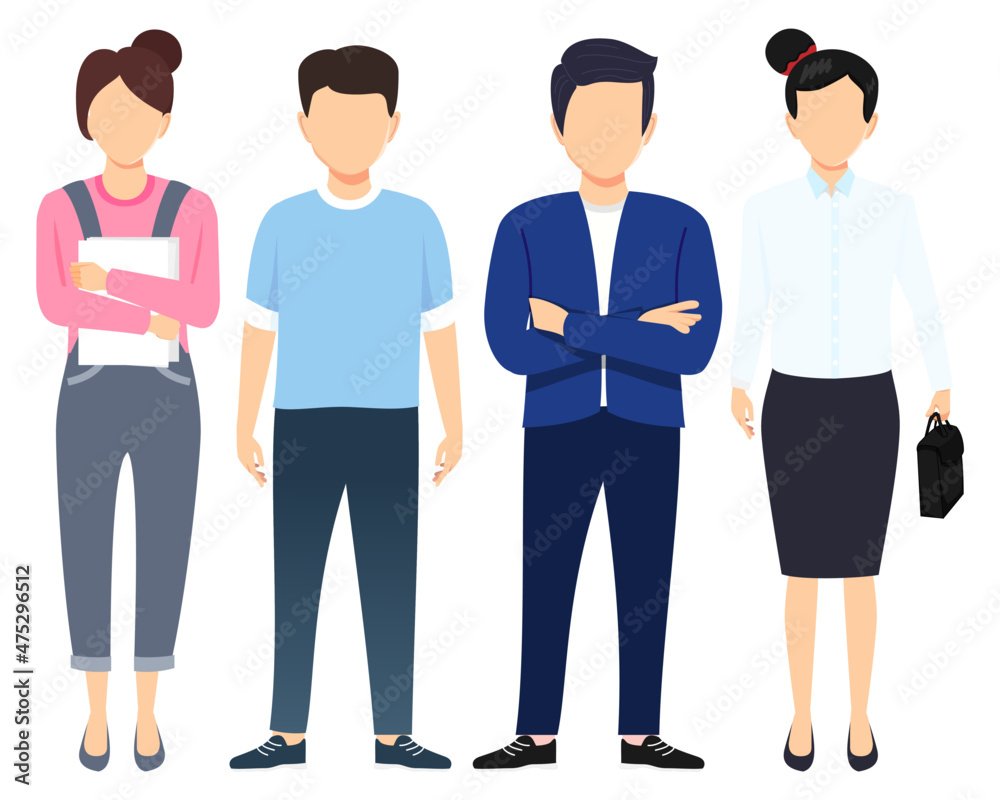 Business man and woman face less character set team standing together and posing with bag Business man and woman face less character set team standing together and posing with bag