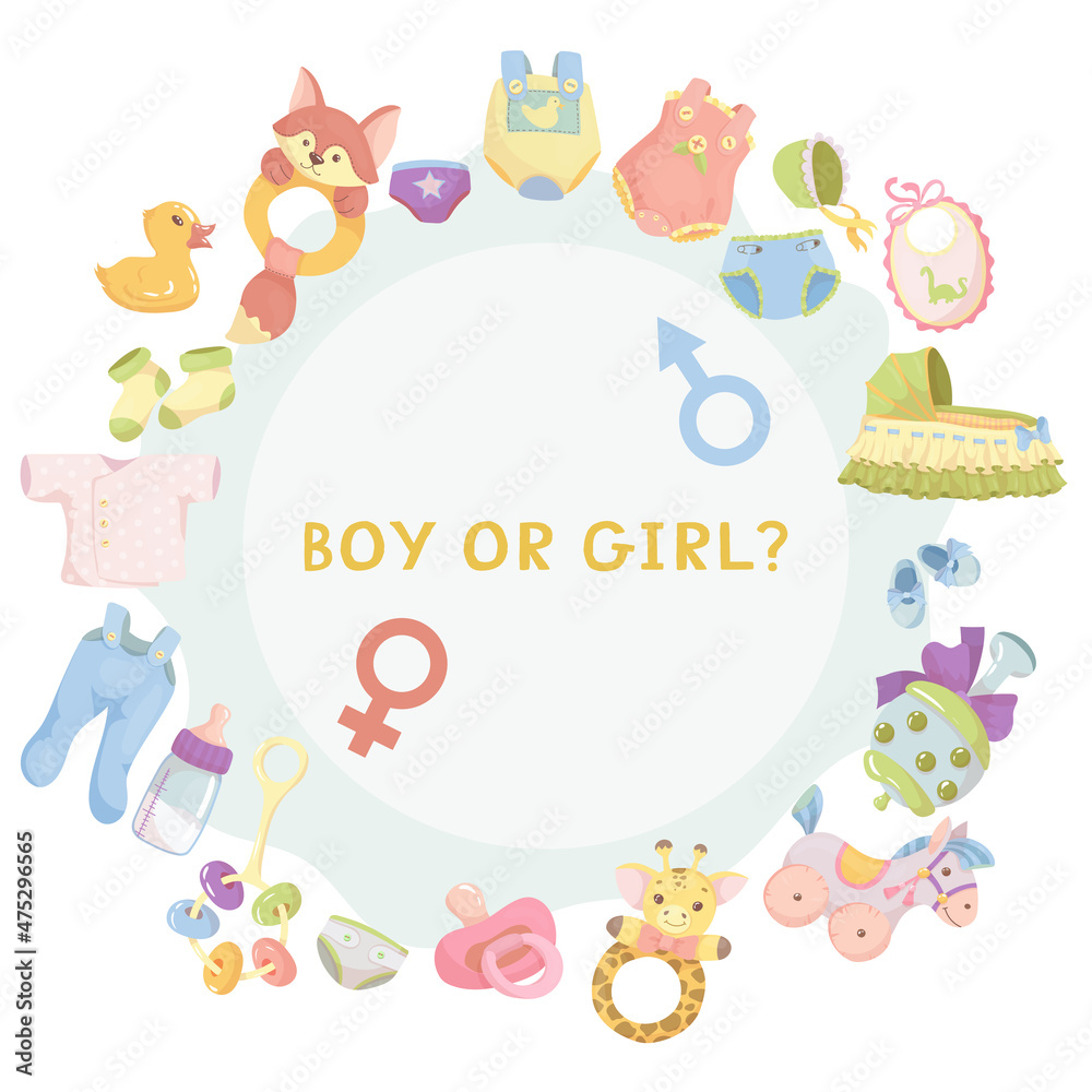 Gender reveal party invitation template. Boy or girl? Baby shower clipart. Blue and pink colors. Gender reveal. Vector illustration Isolated on white background Gender reveal party invitation template. Boy or girl? Baby shower clipart. Blue and pink colors. Gender reveal. Vector illustration Isolated on white background