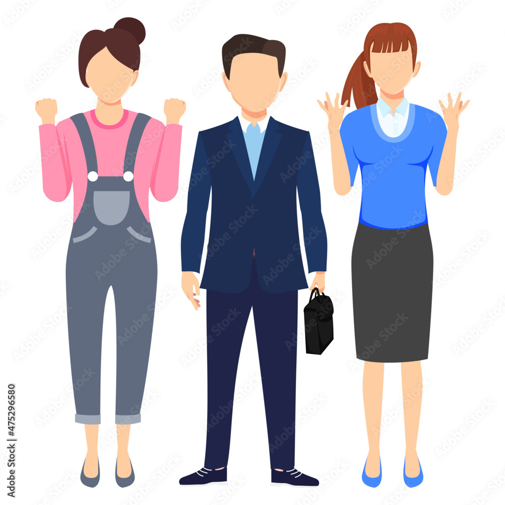 Business man and woman face less character set team standing together and posing isolated on white background Business man and woman face less character set team standing together and posing isolated on white background