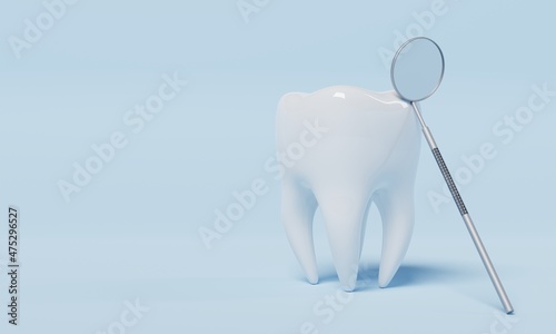 Tooth with dental inspection mirror on blue background. Dental and Health care concept. 3D illustration rendering © Shutter2U