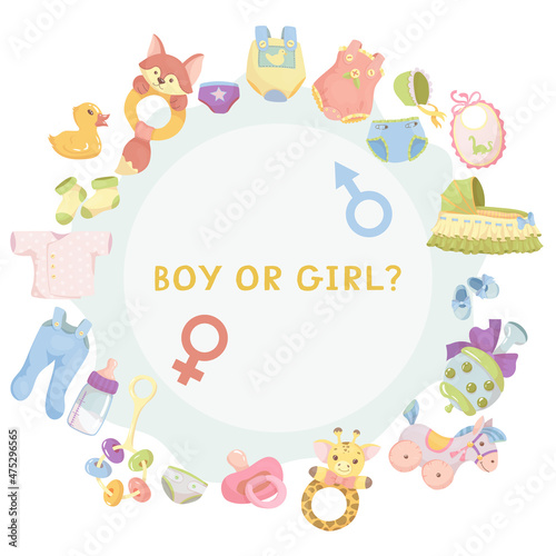 Gender reveal party invitation template. Boy or girl? Baby shower clipart. Blue and pink colors. Gender reveal. Vector illustration Isolated on white background