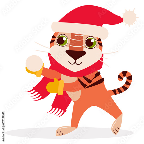 Cute tiger in Santa hat, warm red scarf and yellow mittens plays snowballs in winter. Vector graphic.	