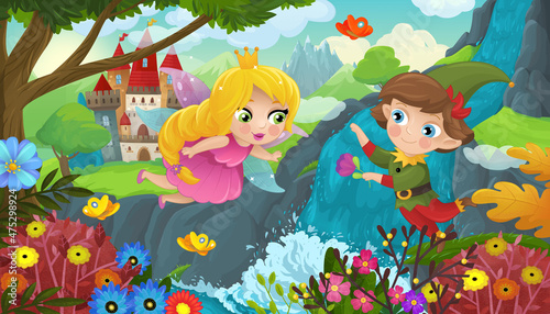 cartoon scene forest elf prince and princess and castle
