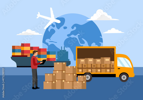 Import export business global trading with express international shipping vector illustration. Package, airplane, delivery truck and ship in flat design.