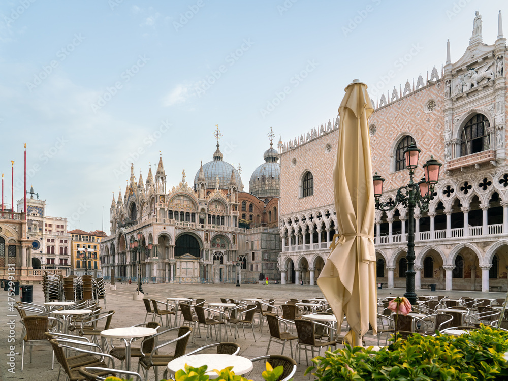 Empty Piazza San Marco with Doge's Palace and St. Mark's Cathedral in morning
