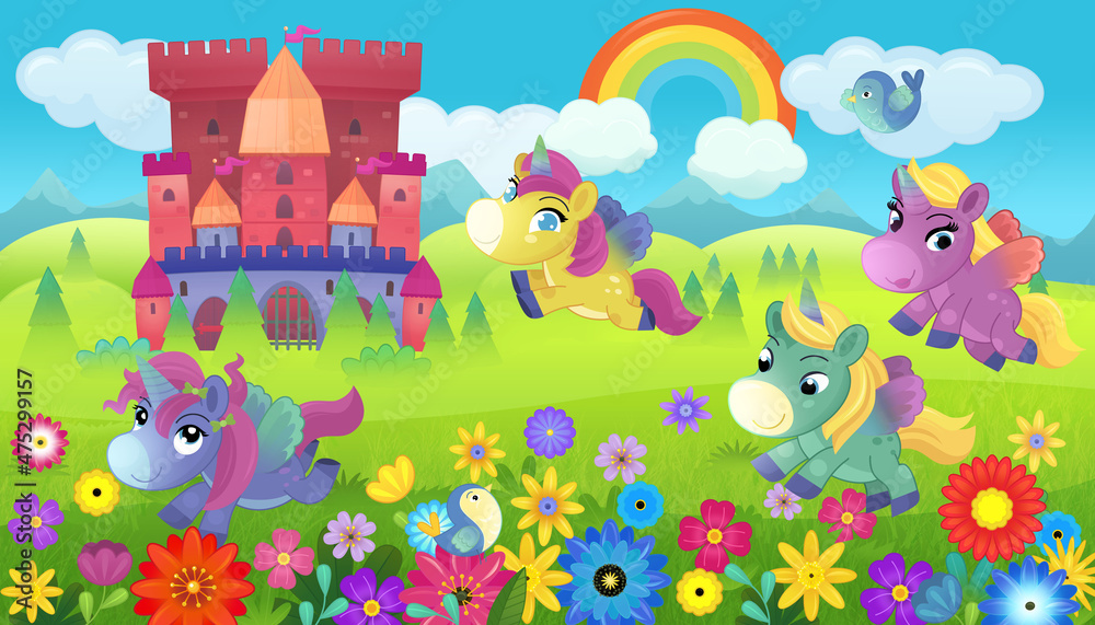 cartoon scene forest pony horses castle illustration