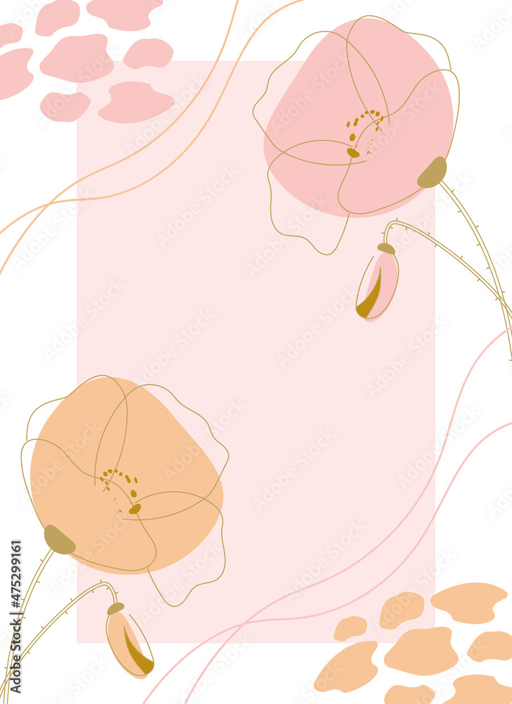 Background with poppies flowers in linear style. Vector illustration. Floral banner template for poster, flyer, invitation.