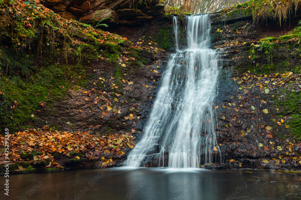 Obraz premium Tranquil waterfall scenery in the middle of autumn forest