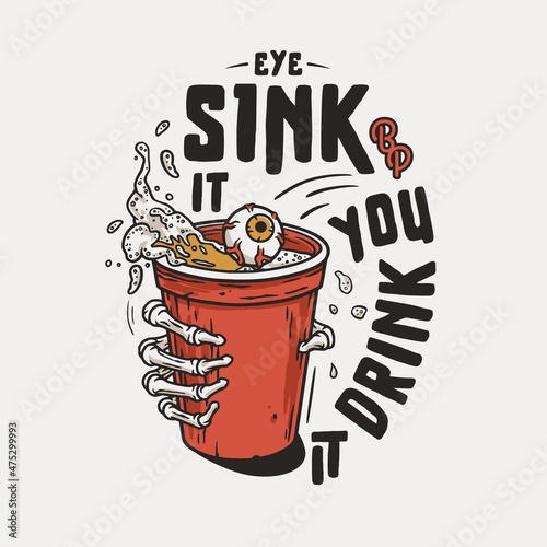 Beer pong game. T-shirt print with beer cups and flying ball for design competition in bar. Alcohol sport with and skeleton hand, eye or eyeball and throw and drink. College challenge with booze