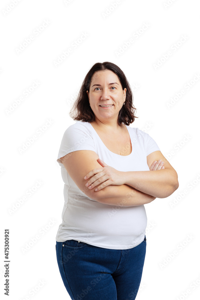 Half-length portrait of woman without make-up in casual clothes style looking at camera isolated on white background. Half-length portrait of woman without make-up in casual clothes style looking at camera isolated on white background.