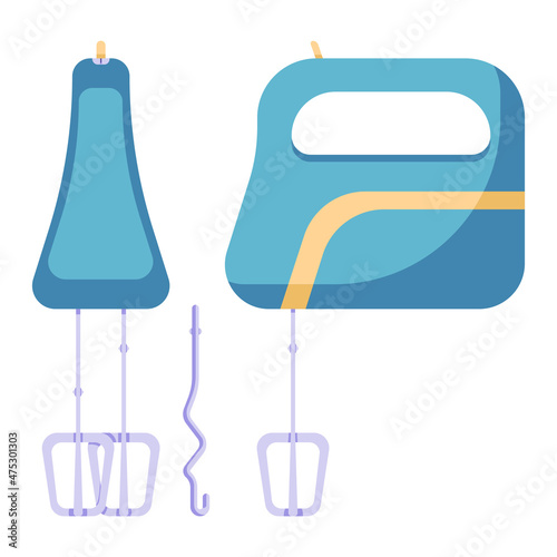 Mixer for whipping cream and meringue, electronic device for making sweets, cream and pastries, morning routine of breakfast preparation. Vector illustration
