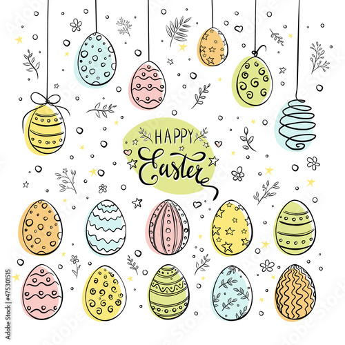Happy Easter items Set. Collection of Hand drawn Easter Eggs with decorative elements: branches, flowers, stars and bubbles for sticker, print, greeting cards design and decoration. Doodle style