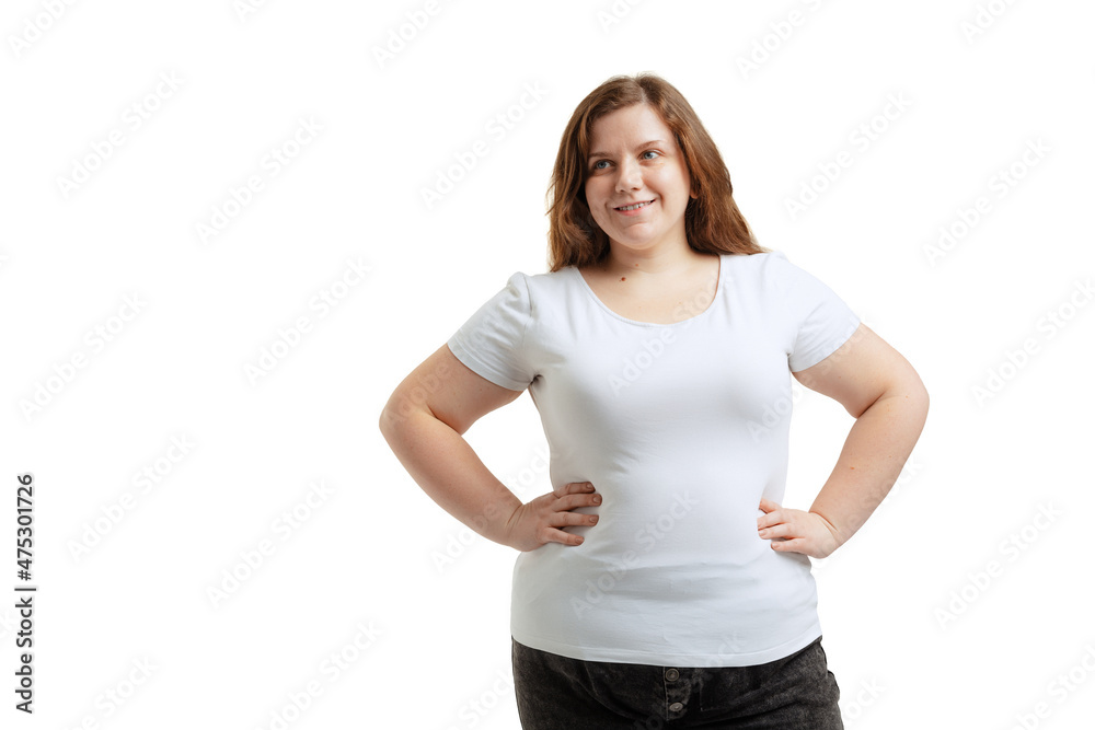 Half-length portrait of woman without make-up in casual clothes style looking at camera isolated on white background. Half-length portrait of woman without make-up in casual clothes style looking at camera isolated on white background.