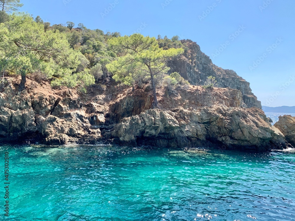 Fototapeta premium Rocky island in the clear birch sea. Rocks and trees in the middle of the ocean. Paradise coast of the warm Mediterranean sea.