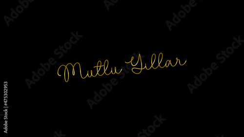 Gold color happy new year text message Turkish language with brush effect gold color on black background.