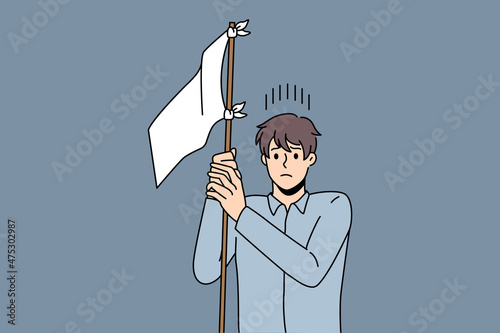 Frustration and lost strategy in business. Young thinking businessman with frustrated face standing and holding white flag on stick trying to orient in market vector illustration 